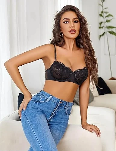 Avidlove Women's Sheer Lace Balconette Shelf Bra 